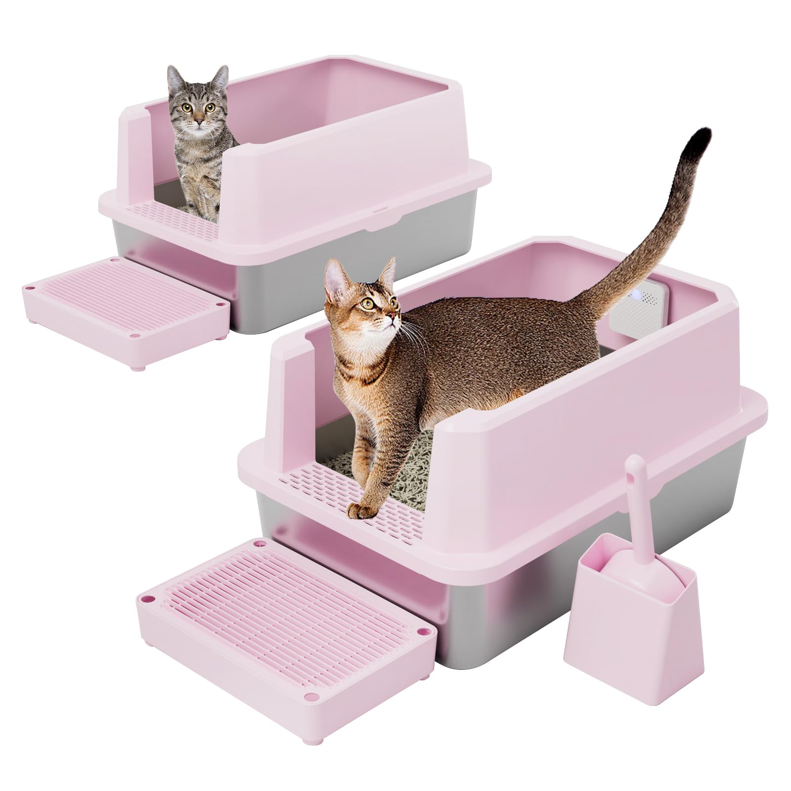 RIZZARI Stainless Steel Litter Box: Large Pink Leakproof Open Tray with Wipe-Clean Design - Odor Control - Teflon Non-Stick - with Deodorizer - 2 Pack - for Cats Up to 20 lbs - in Bathroom Restroom