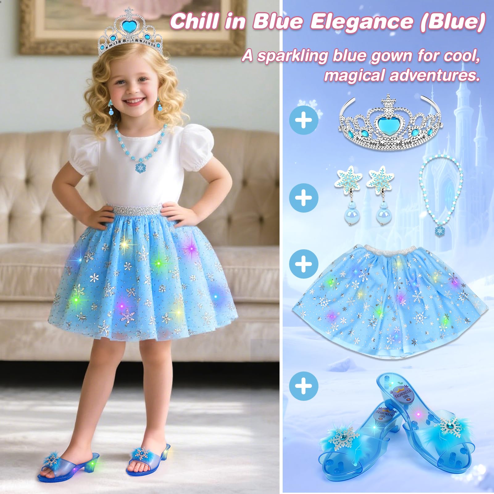 Dreamon Light-Up Princess Dress Up Shoes 3 Themes Princess Costume for Girls with Earrings Necklaces Crown for 3 4 5 6 Aged Kids Girls Christmas - Image 2