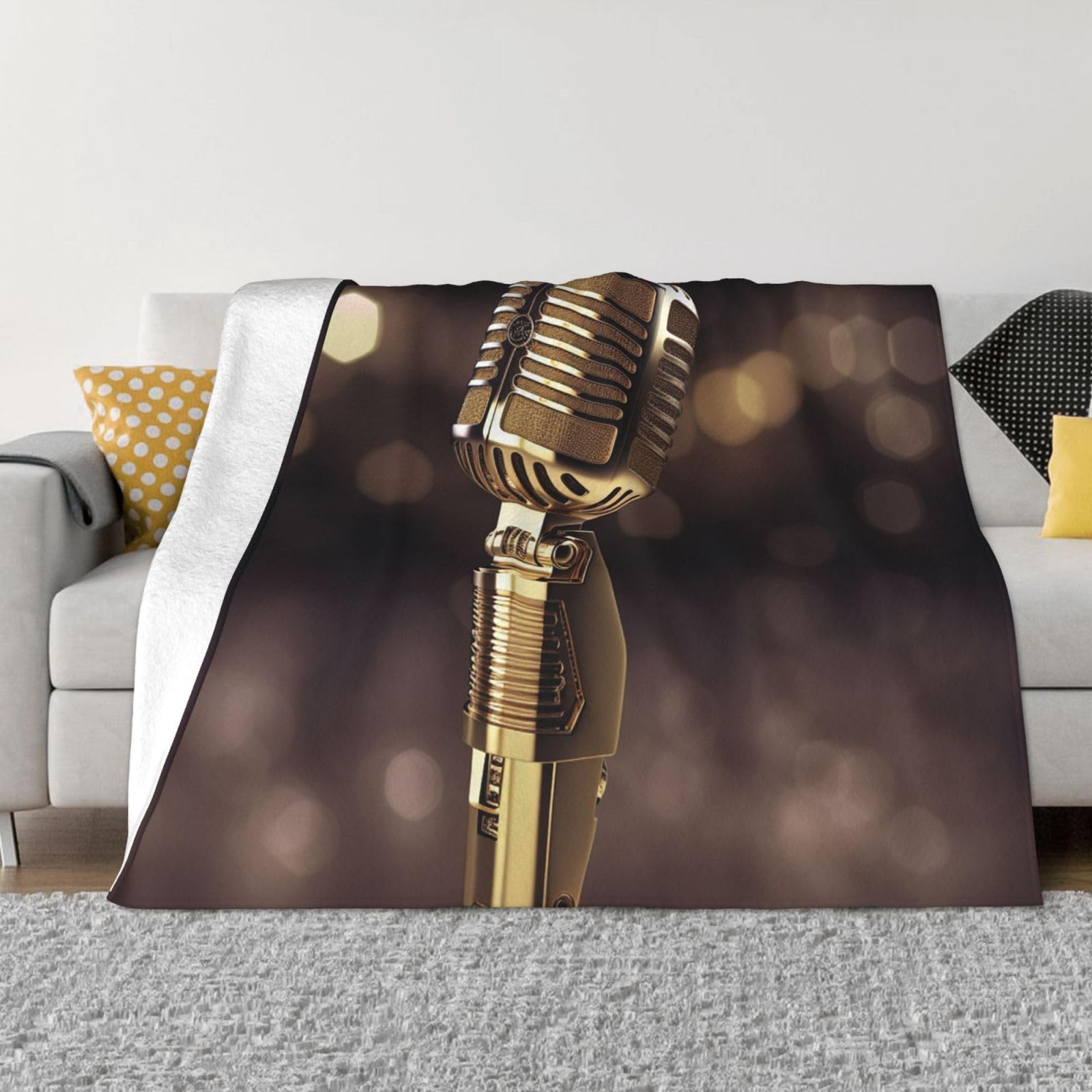 Couverture polaire imprimée microphone doré pour cocooning au lit