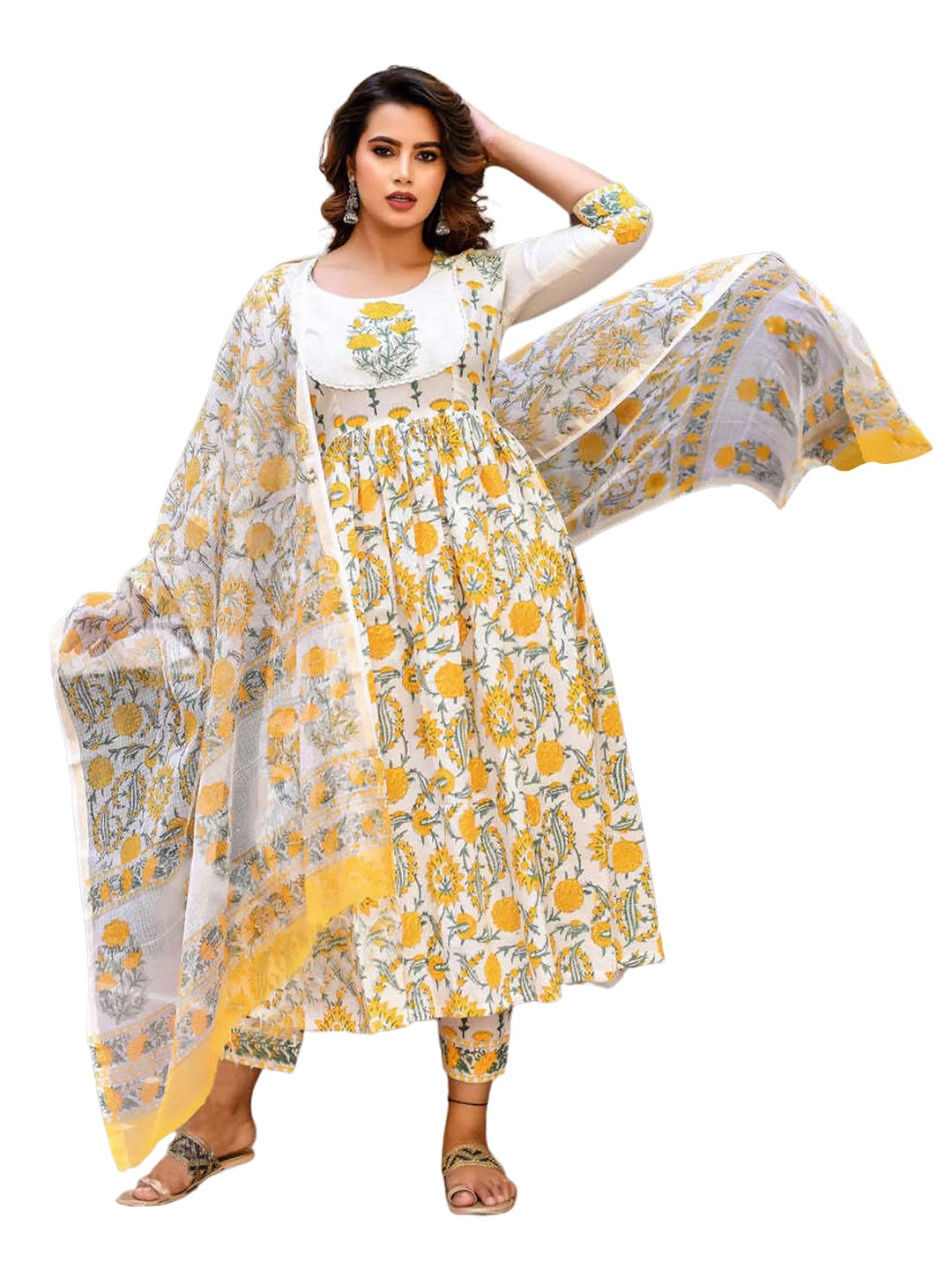 Pinkmint Women Flower Printed Anarkali Kurta & Pat Set With Dupatta