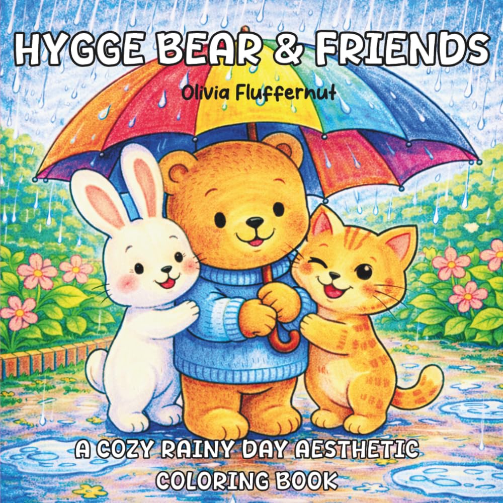 Hygge Bear & Friends : A Cozy Rainy Day Aesthetic Coloring Book: Simple and Mindful Scenes of Cozy Rainy Days, Sweet Pastries, and Warm Nooks for Adults and Teens