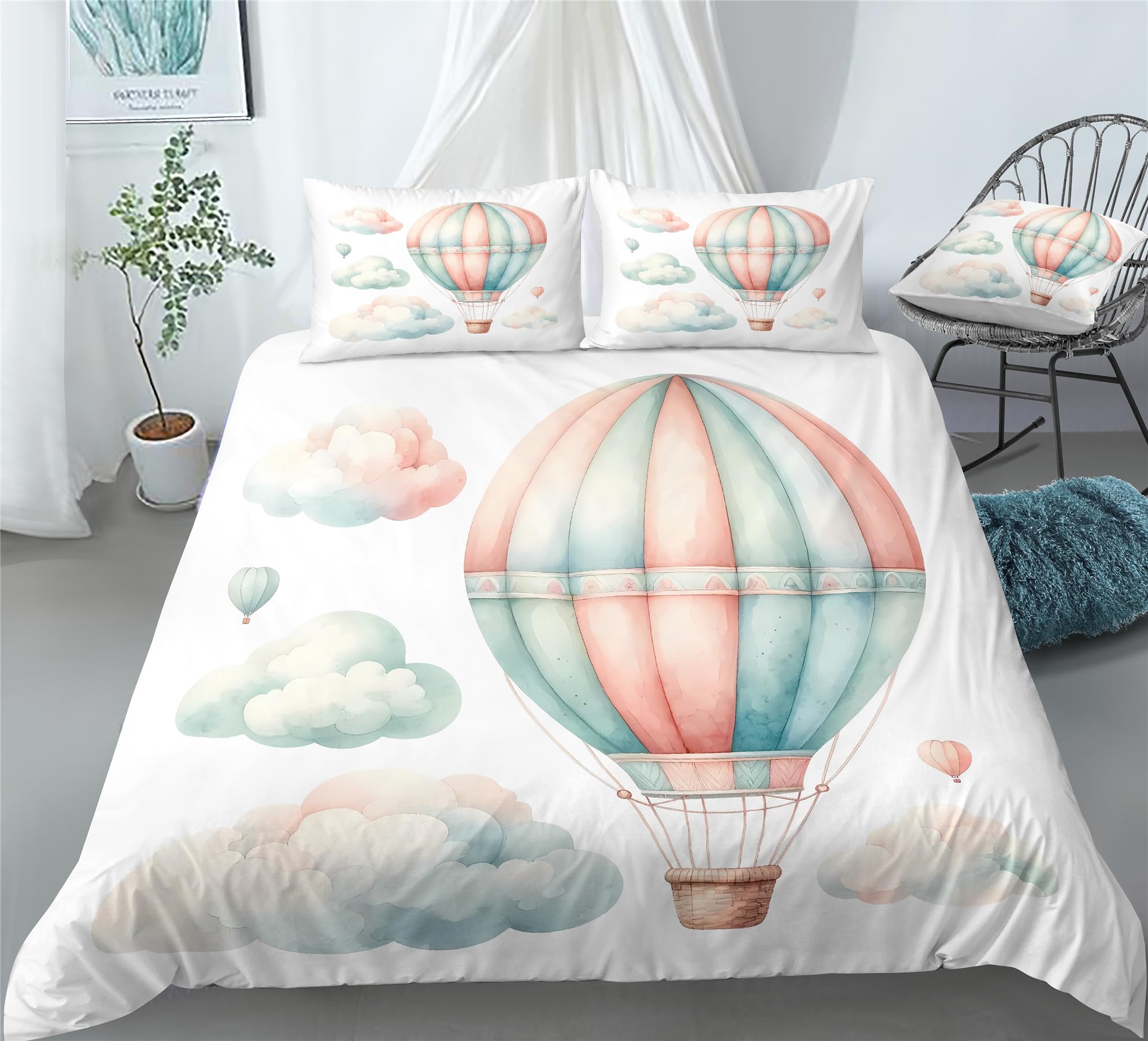 REALIN Dreamy Hot Air Balloon Bedding Kids Hot Air Balloon Duvet Cover Set Bed Sets 3/4PCS Quilt Covers/Sheets/Pillow Shams,Single/Double/King Size (B,Super King-220×260cm-4PCS)