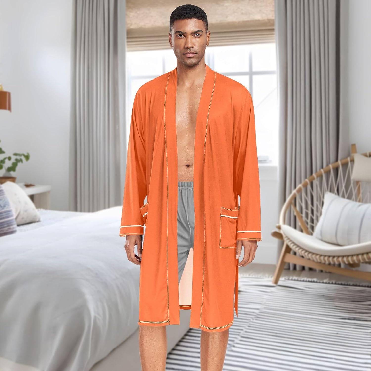 STAYTOP Pure Plain Orange Men's Nightshirt,Soft Kimono Bathrobe Men Long Sleeve Mens Sleepwear