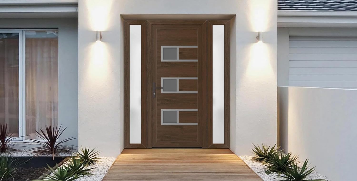 VDOMDOORS Front Exterior Prehung Metal-Plastic Door Frosted Glass | Manux 8933 Walnut | 2 Side Sidelite Transoms | Residential Doors Entrance Patio Garage 68 x 80 (W16+36+16 x H80) Right-Inswing