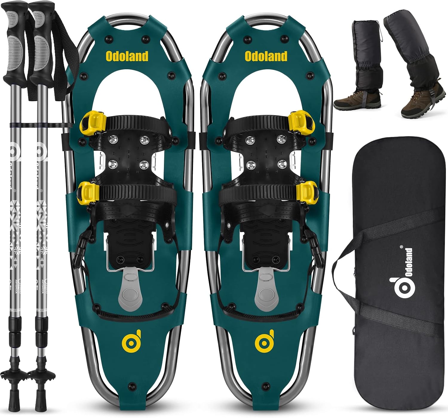 Odoland 4-in-1 Snowshoes for Men Women Youth Kids with Trekking Poles, Waterproof Snow Leg Gaiters and Carrying Tote Bag, Lightweight Snow Shoes Easy to Wear Aluminum Alloy, Size 21''/25''/30''