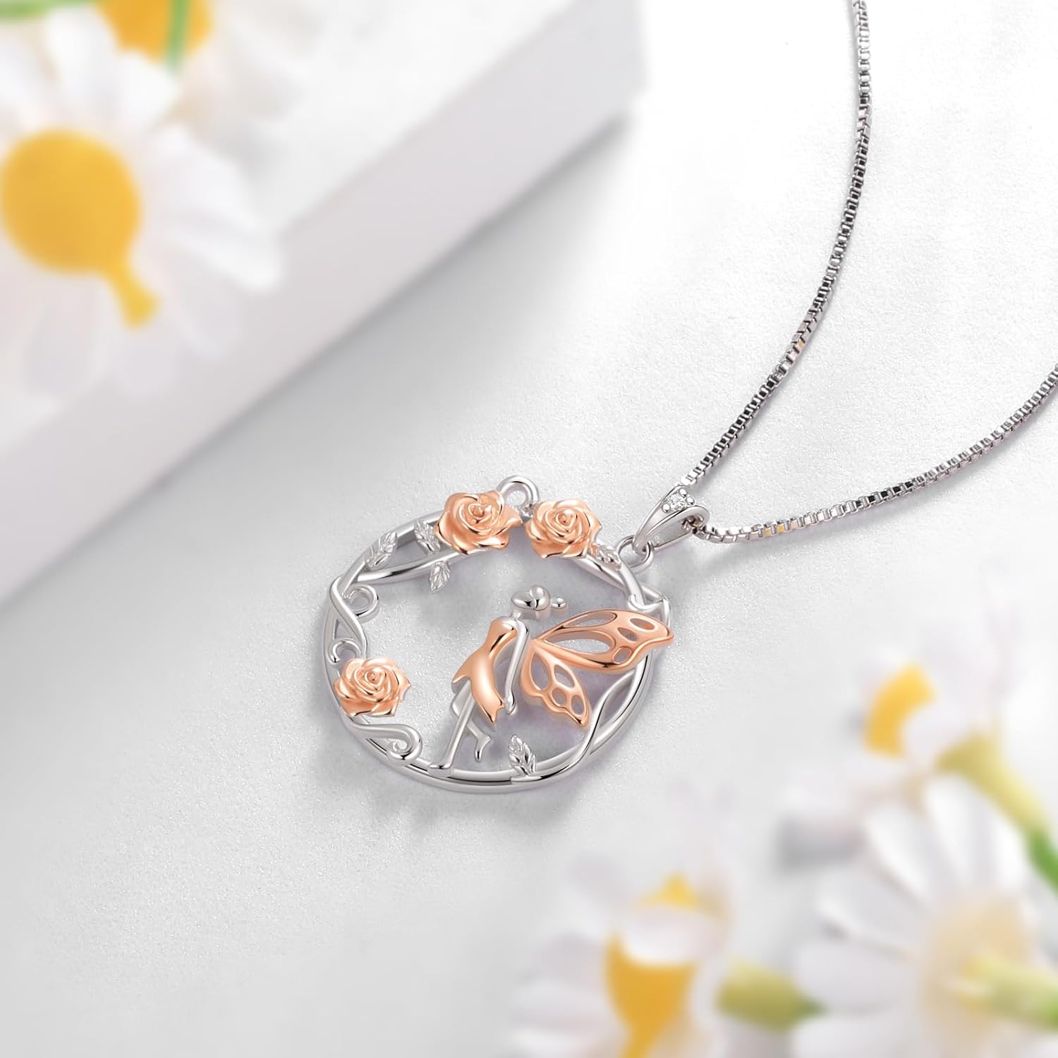 Aurora Tears Fairy Necklace for Teen Women- 925 Sterling Silver Angel Butterfly Vine Leaves Rose Gold Pendant Necklace Pink Crystal Jewelry for Women Christmas Birthday Valentine's Day Gift