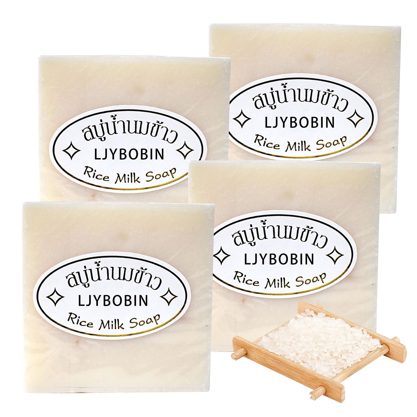 4PCS Vegan Rice Soap for Body & Face,Gentle Long-lasting Moisturizing Rice Milk Soap for All Skin Type,Deep Cleaning Rice Handmade Soap Bar for Men &