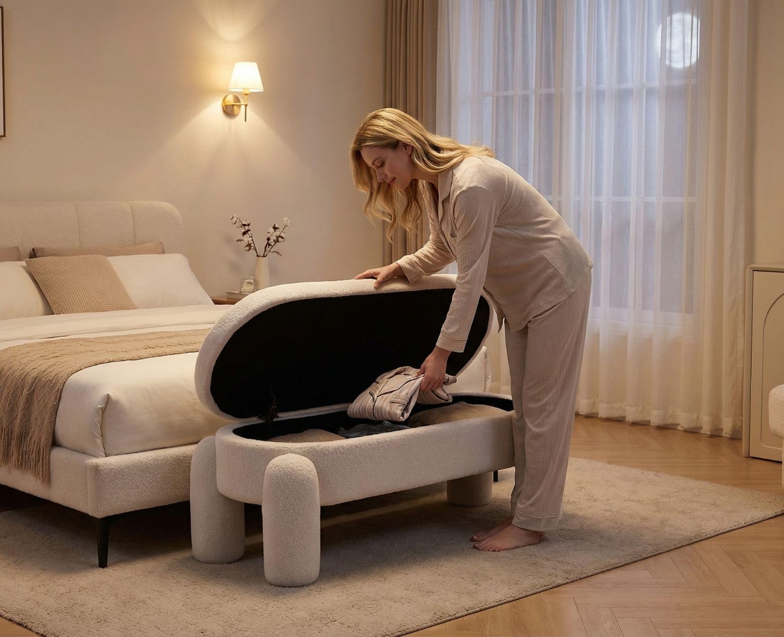 Ya-Home Cassapanca Pouf Panca Contenitore Panca Fondo Letto Cassapanca Contenitore in Pelliccia Sintetica per Camera da Letto/Soggiorno, Bianco,114cm