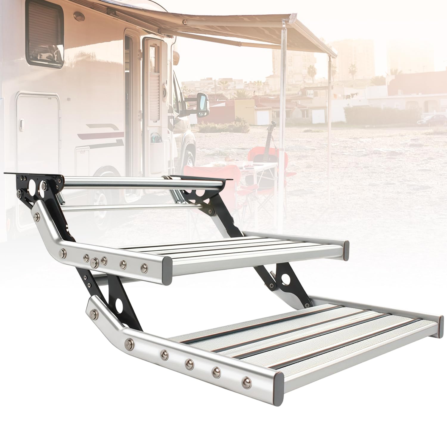 Escalones manuales para Autocaravana 2 peldaños retráctiles con luz LED | de aluminio, plegables, peldaños individuales con cremallera para autocaravanas, autocaravanas remolques de viaje y caravanas