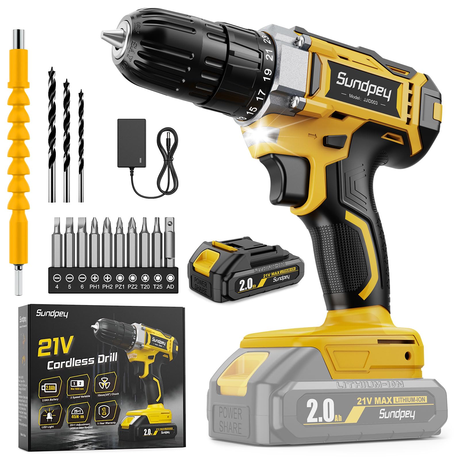 Sundpey Set trapano elettrico senza fili 21V con batterie 2.0Ah, coppia 18+1, max 45N.m