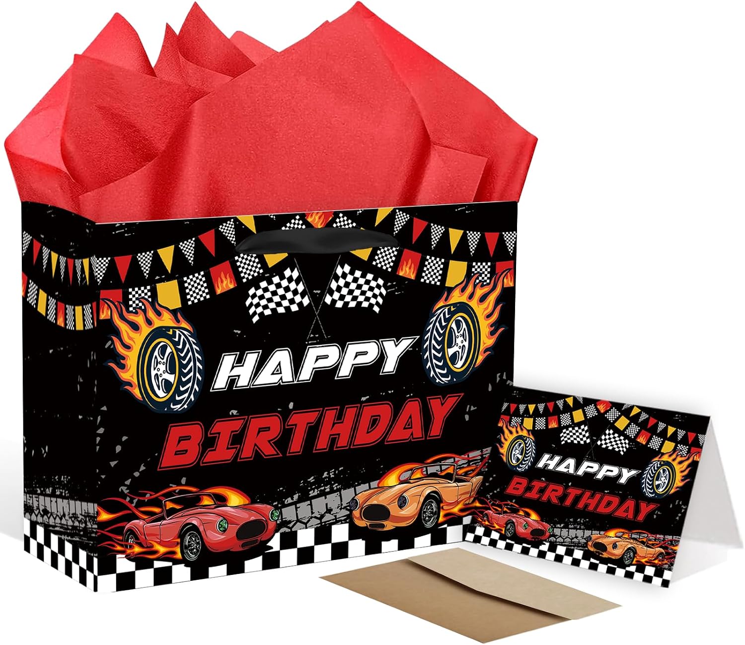 SolarGlory Race Car Gift Bag - Extra Large Cars Gift Bags for Birthday, Race Car Wrapping Paper Alternative with Card & Tissue Paper, Birthday Boy Gift Bag for Race Car Party Decorations