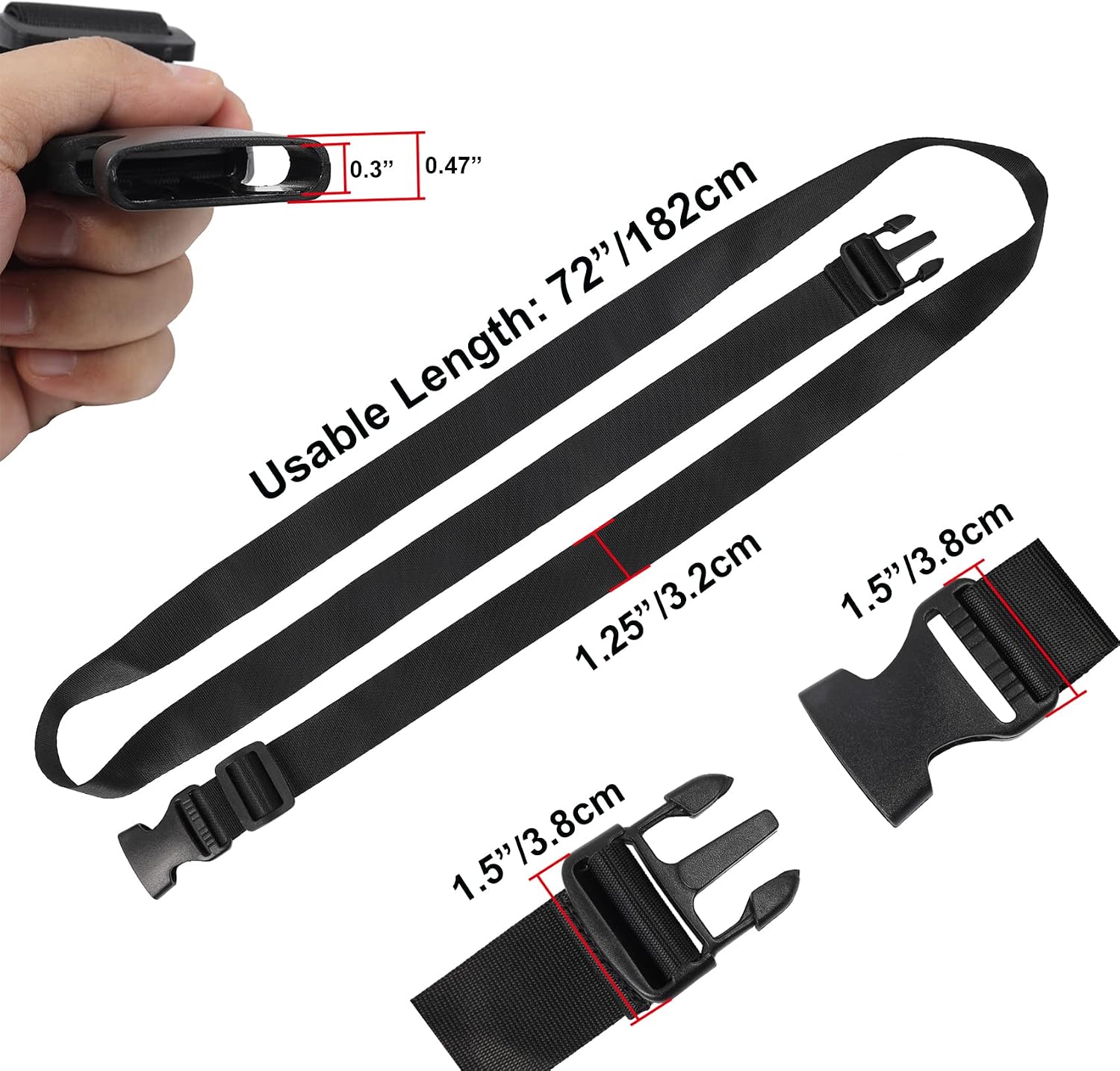 Utility Straps with Buckle 72" Lx1.25 W Quick-Release Adjustable Nylon Straps Black, 4 Pack