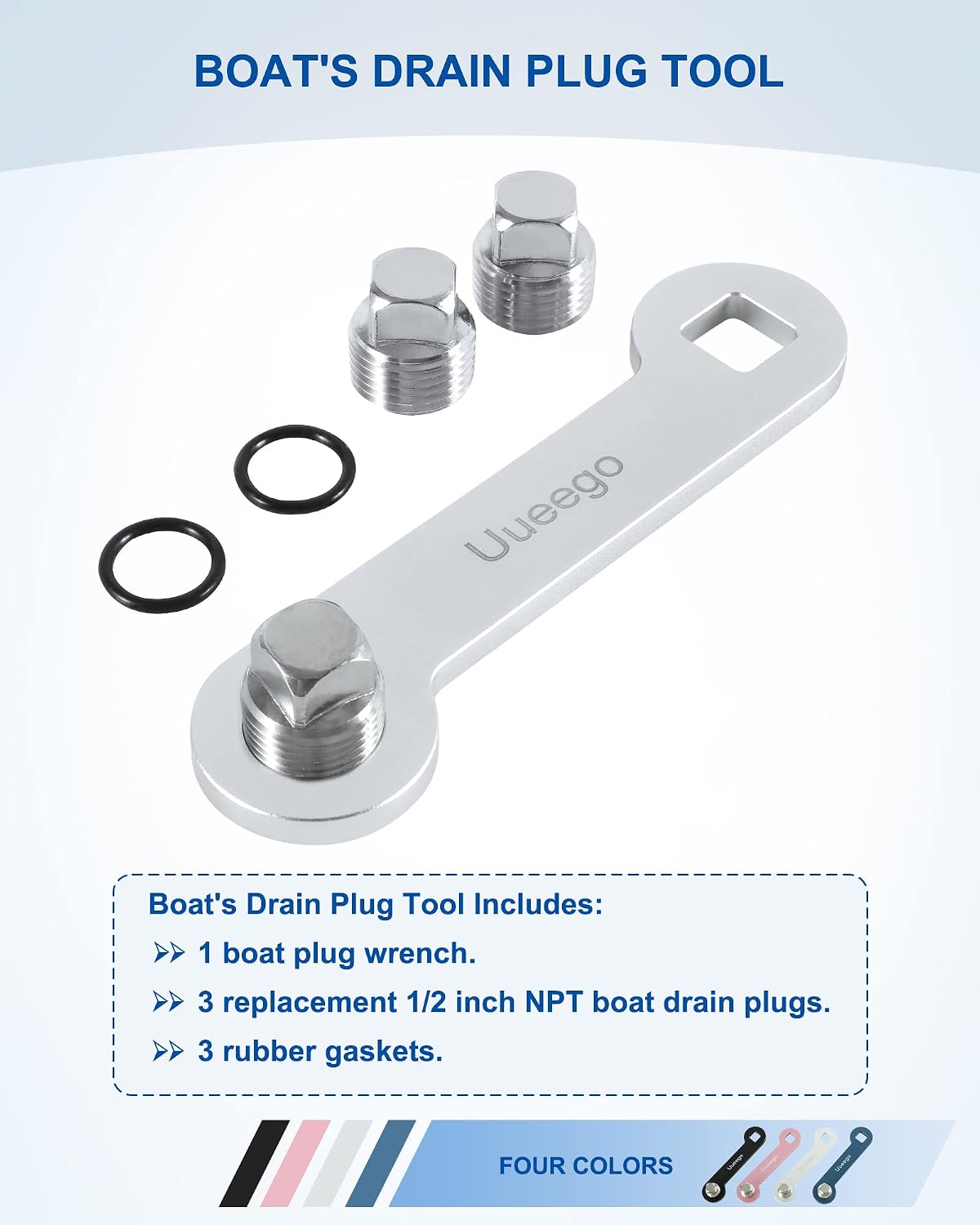 Non-Corrosive Aluminum Boat Drain Plug Wrench, Patented, Fits 1/2 inch NPT Plug, Easy to Use and Store