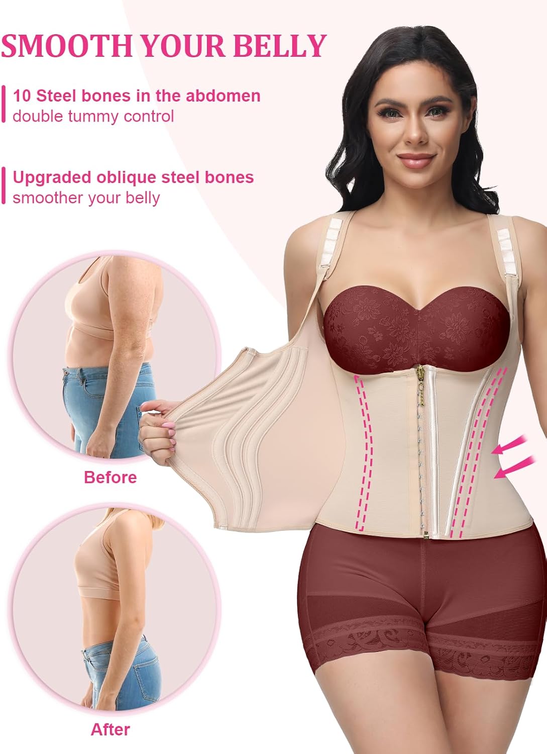 SHAPSHE Waist Trainer for Women Tummy Control Workout Faja Body Shaper Postpartum Waist Cincher Corset Shapewear with Strap Tan