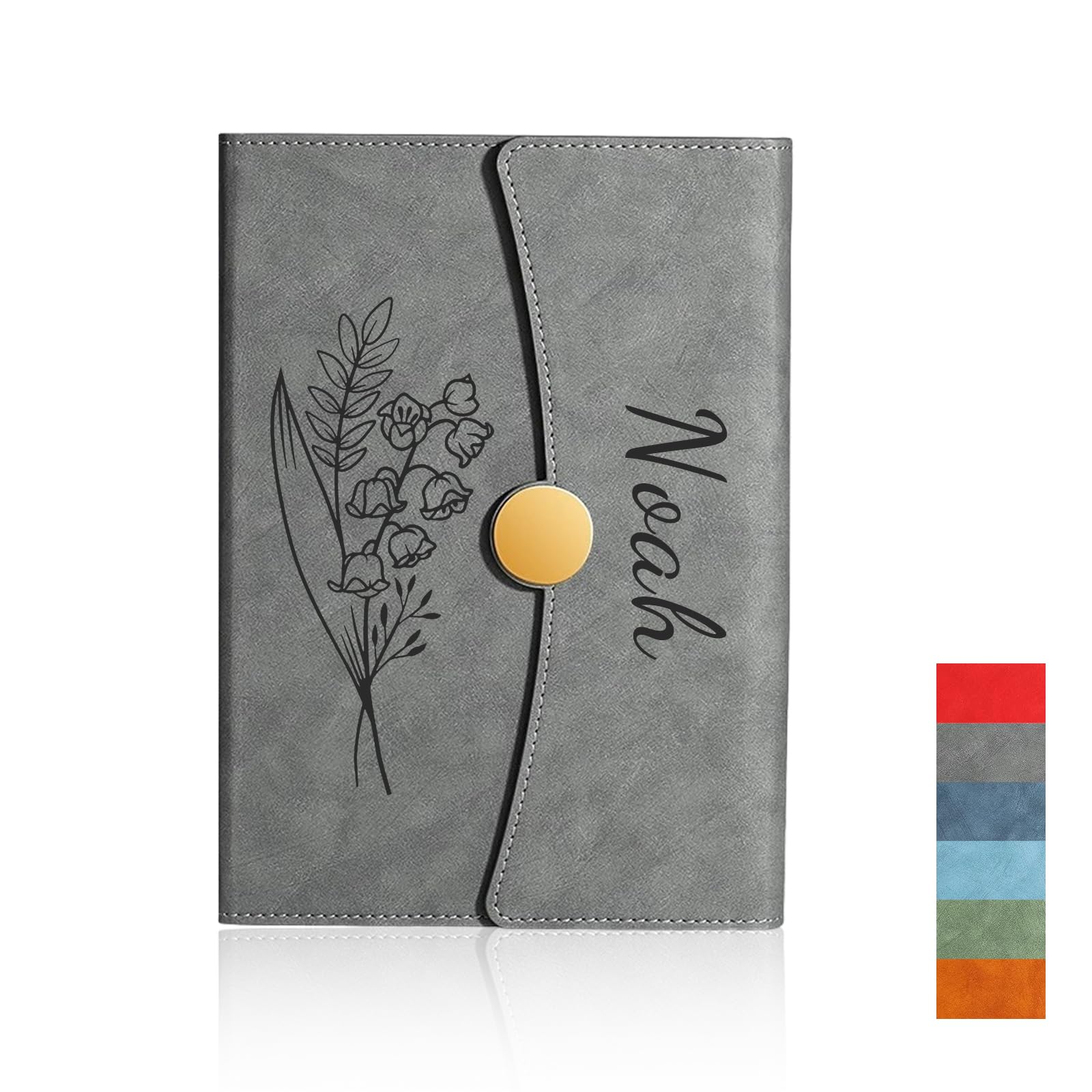 Personalized Notebook with Engraved Name & Birth Month Flowers โ Premium Faux Leather Classic Journal for Birthday, Graduation, Christmas, 200 Numbered Pages, 15 x 21 cm (Grey)