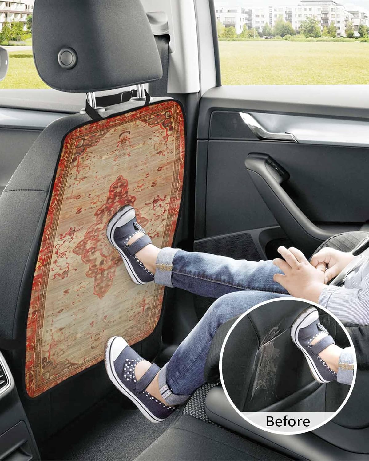 T&H XHome Car Seat Protector, 2 Pack Kick Mats Back Seat Protector Classic Medieval Retro African Patterns Waterproof Backseat Cover for Kids Universal Fit Automotive Interior Protectors