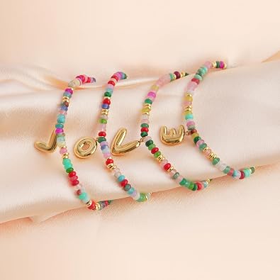 Colorful Initial Bracelets for Women, 18K Gold Colorful Plated Initial Letter Charm Bracelet, Bohemian Gold Beaded Bracelet A-Z Stackable Jewelry Gifts for Women