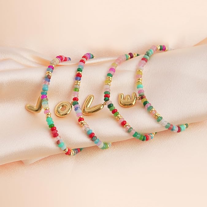 Colorful Initial Bracelets for Women, 18K Gold Colorful Plated Initial Letter Charm Bracelet, Bohemian Gold Beaded Bracelet A-Z Stackable Jewelry Gifts for Women