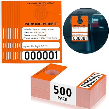 500 PCS Orange Parking Permit Hang Tag Temporary Parking Passes Random Number 00001-50000 Car Parking Tags Paper Hang Tag 3.15 x 4.75 Inch Custom Passes Numbered for Cars Rearview MirrorOrange