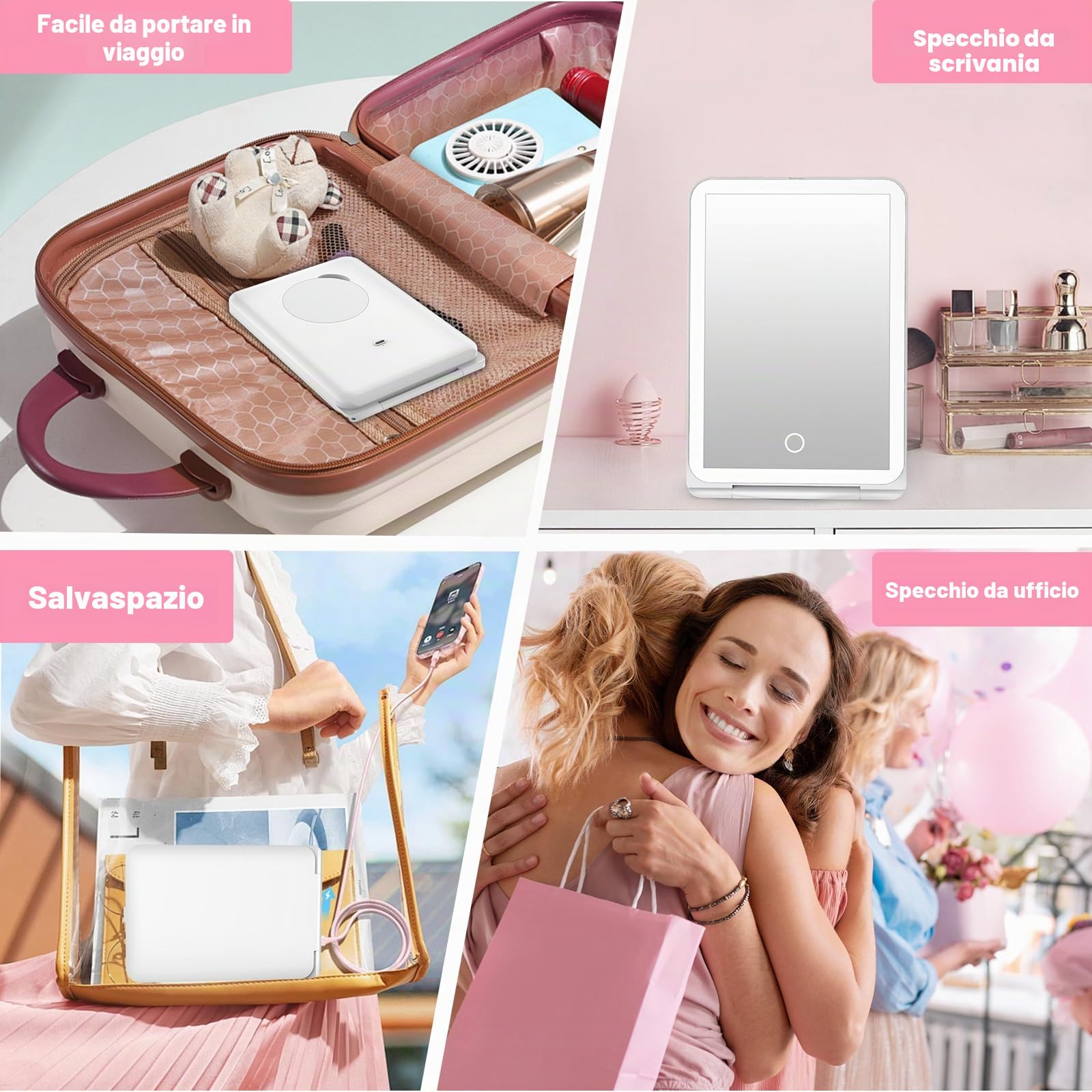 SURFOU Specchio Trucco con Luci LED Ricaricabile USB-C, Pieghevole e Portatile, 3 Tonalità di Luce Regolabile + 10X Ingranditore, Interruttore Tattile e Memoria, Compatto per Makeup Professionale, Via