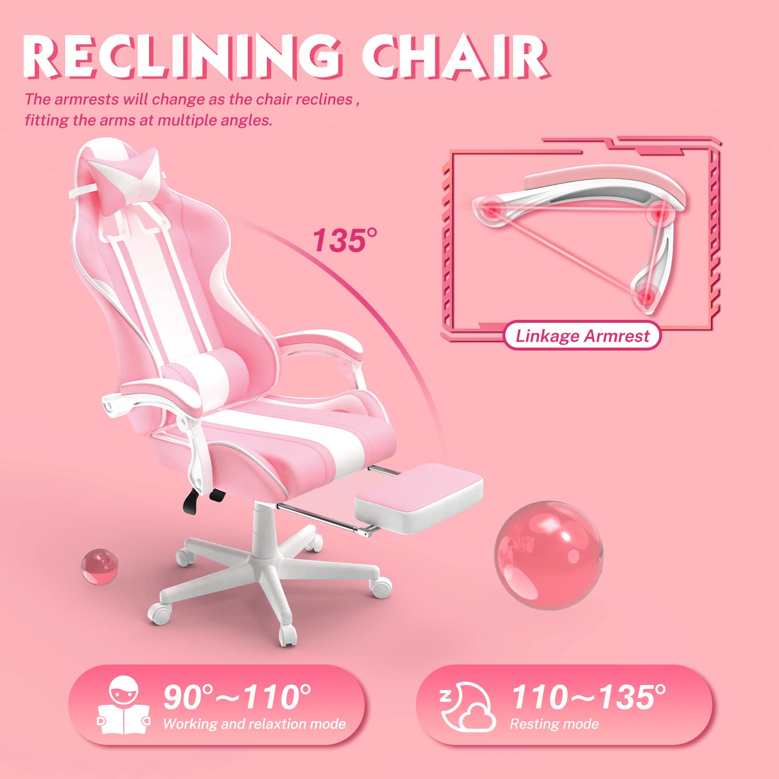 Ferghana Sedia Gaming Ergonomica,Sedia da Gaming Massaggiante con Regolabile Poggiapiedi & Poggiatesta & Cuscino Lombare,PU Racing Poltrona da Gaming,Sedia Girevole Kawaii Sedia Gaming，Rosa