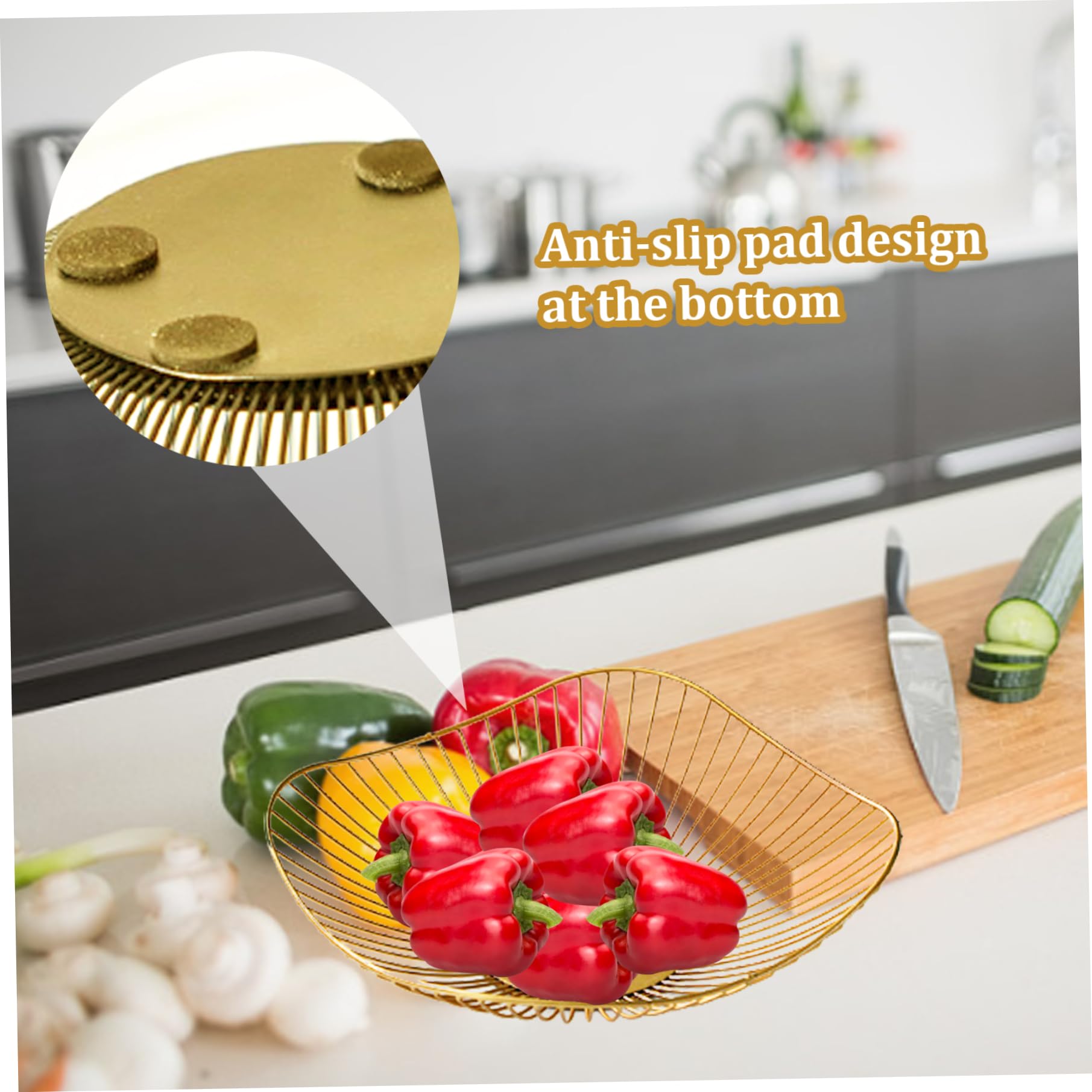 Fruit Bowl Gold Iron Wire Non-slip Minimalist Strong Load Large Capacity Fruit Basket Gold Coated Welded Tilt Design Draining Fruit Bowls for Candy Snack Vegetables Table Gold Console Table