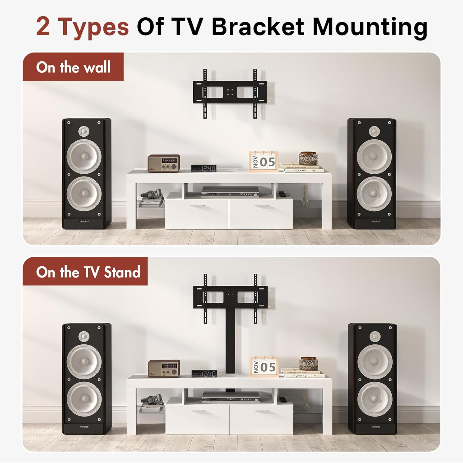 Redkey TV-Stand with Mount - Modern TV Stand with 2AC Outlets - Television Stands with RGB Led Light for 75 Inch TVs - Double Cabinet - 40°Adjustable Amplitude - White