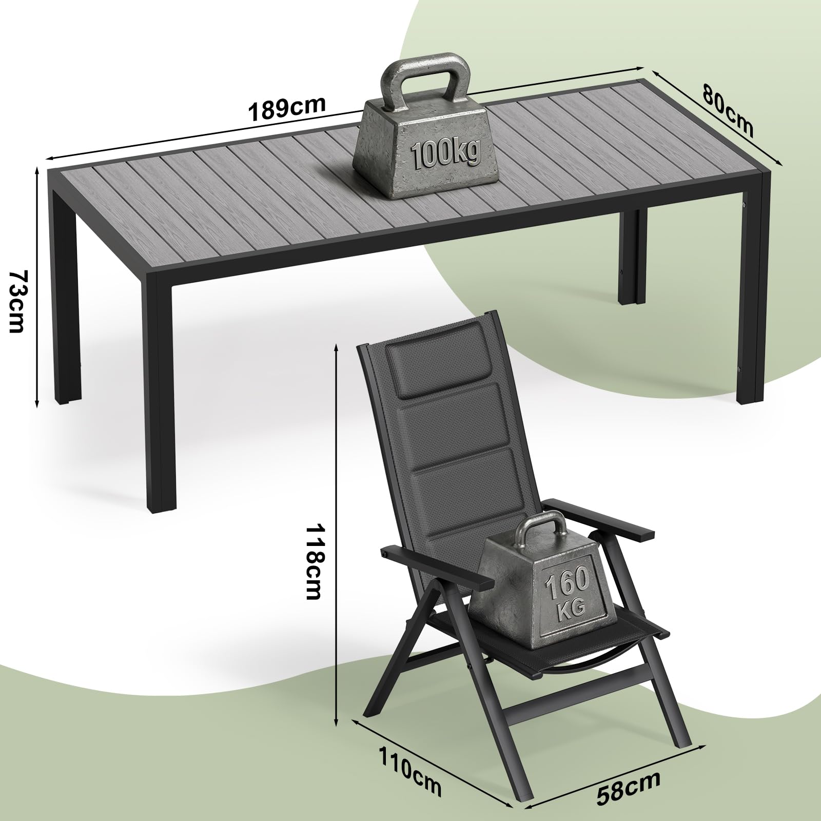 JUMMICO Set Tavolo e Sedie da Giardino, Composto da Tavolo 189 cm in Alluminio e 6 Sedie Pieghevoli, Tavolo da Giardino con Finitura a Vena di Legno con Sedie da Terrazza, Balcone(Grigio)