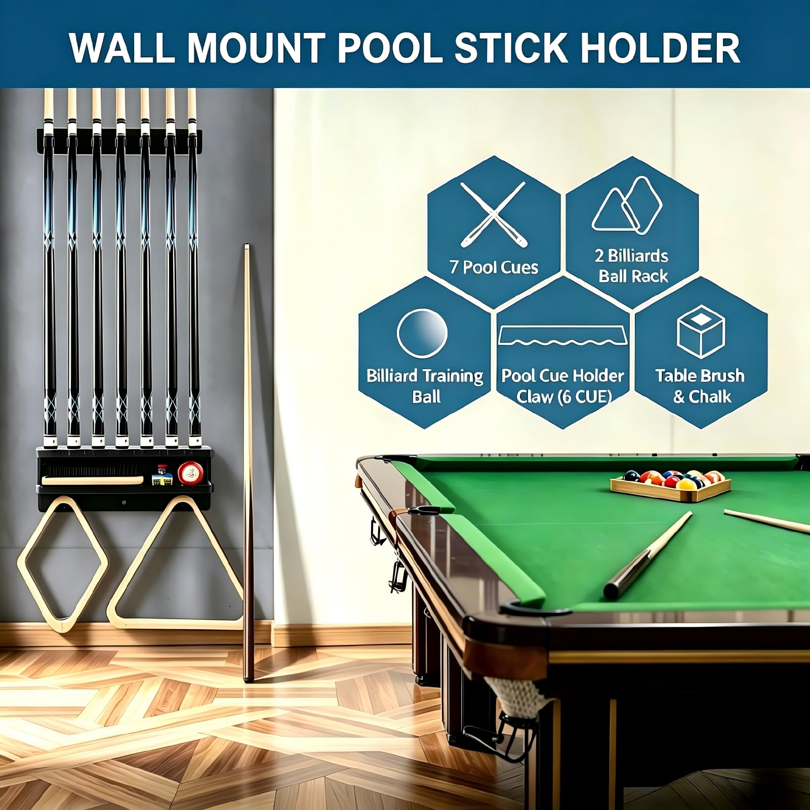 Soporte de pared para palos de piscina, soporte para tacos de piscina, soporte de pared, color negro