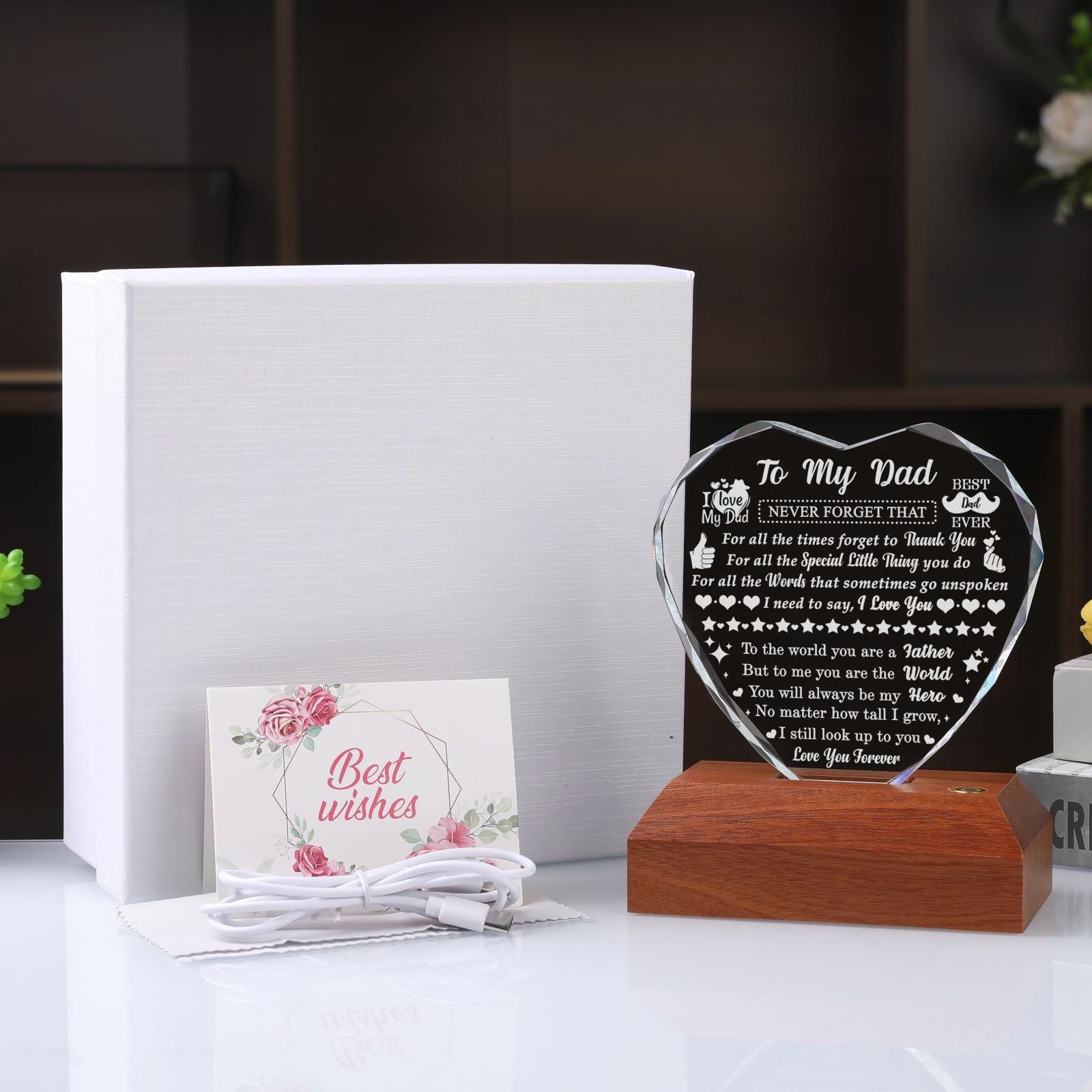 Regalo per papà da figlia figlio, regalo di compleanno per papà che non vuole niente, cuore in vetro laser regalo per festa del papà, Natale, San Valentino