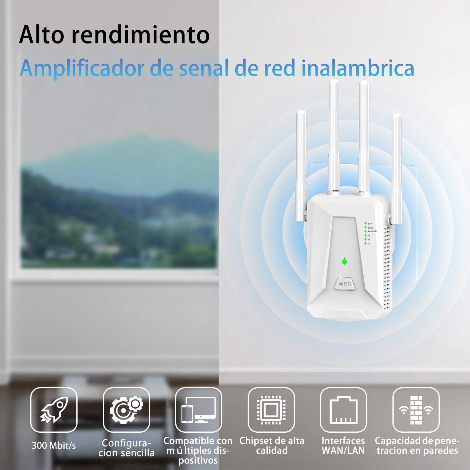 Repetidor WiFi Largo Alcance, Amplificador Señal WiFi 2.4 GHz con 4 Antenas, Extender con Puerto Ethernet 300 Mbps, Compatible con Todos los Routers, Botón Repetidor/Router/Ap (Blanco) - 2
