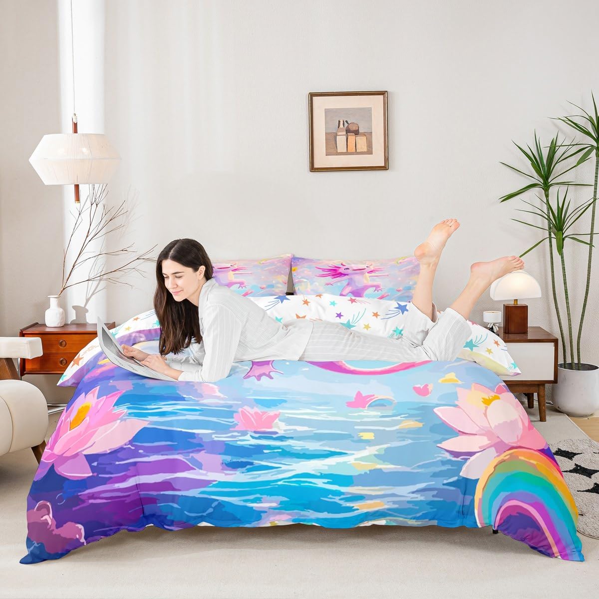Homemissing Pink Axolotl Duvet Cover Set Single Size For Kids Boys Girls Teens Cartoon Salamander Bedding Set Rainbow Floral PrintDuvet Cover with 1 Pillowcase - Image 2