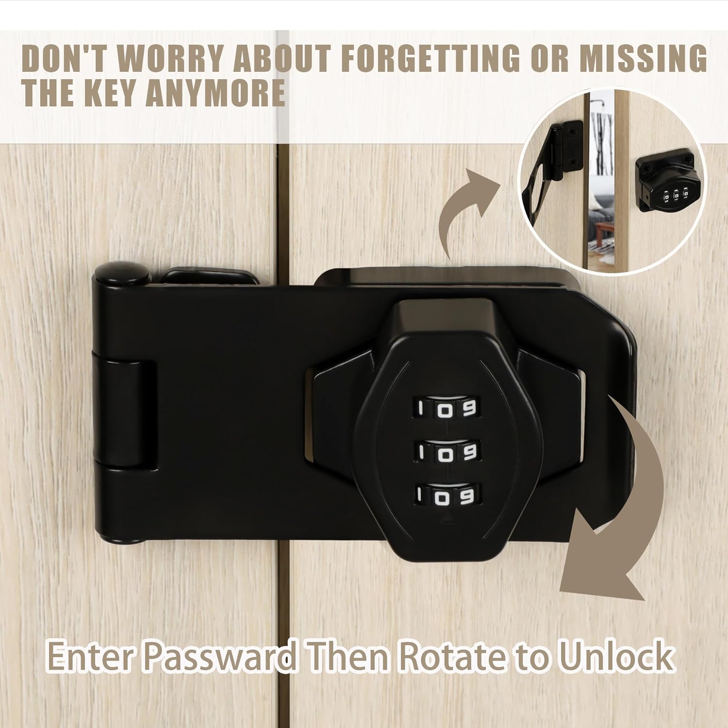 Mooche Password Rotary Hasp Locks, Digit Combination Lock Door Security Keyless 3-Digit Password Door Latch for Drawers, File Cabinets, Cabinets, Interior Doors, Barns, Garage Doors, Fence (4 Inch)