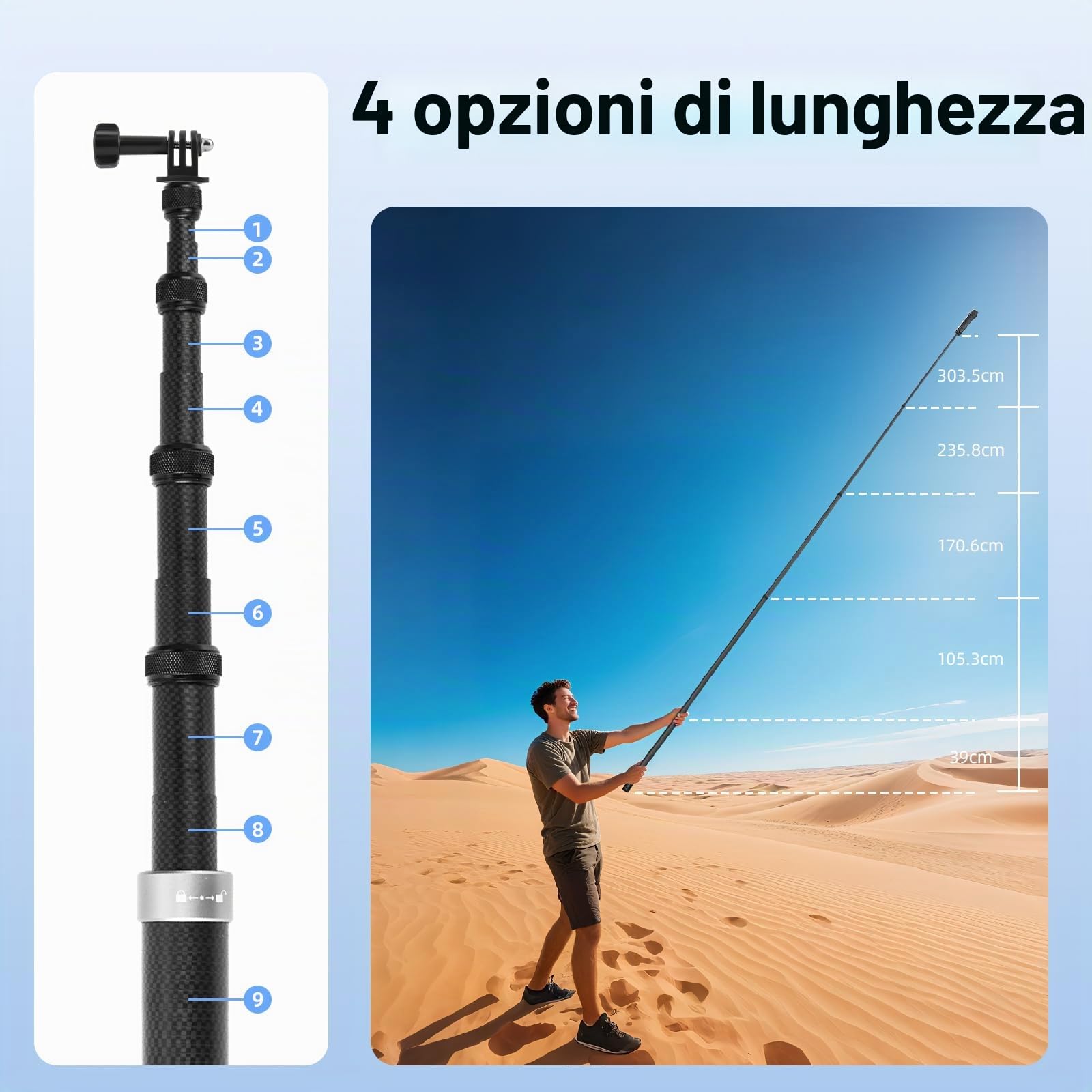 BRDRC Bastone selfie invisibile ultra lungo in fibra di carbonio per Insta 360 ONE X5 X4 X3 X2 RS Accessori (con adattatore Go Pro, cinturino, sacchetto di stoccaggio) 3 m