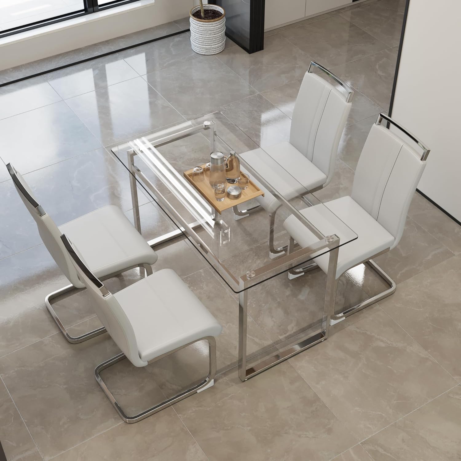Modern Glass Dining Table,51'' Rectangle Kitchen Table with Tempered Glass Tabletop and Metal Leg,Glass Dining Table for 4 Suitable Kitchen Dining Living Meeting Room (Silver, 51 in)