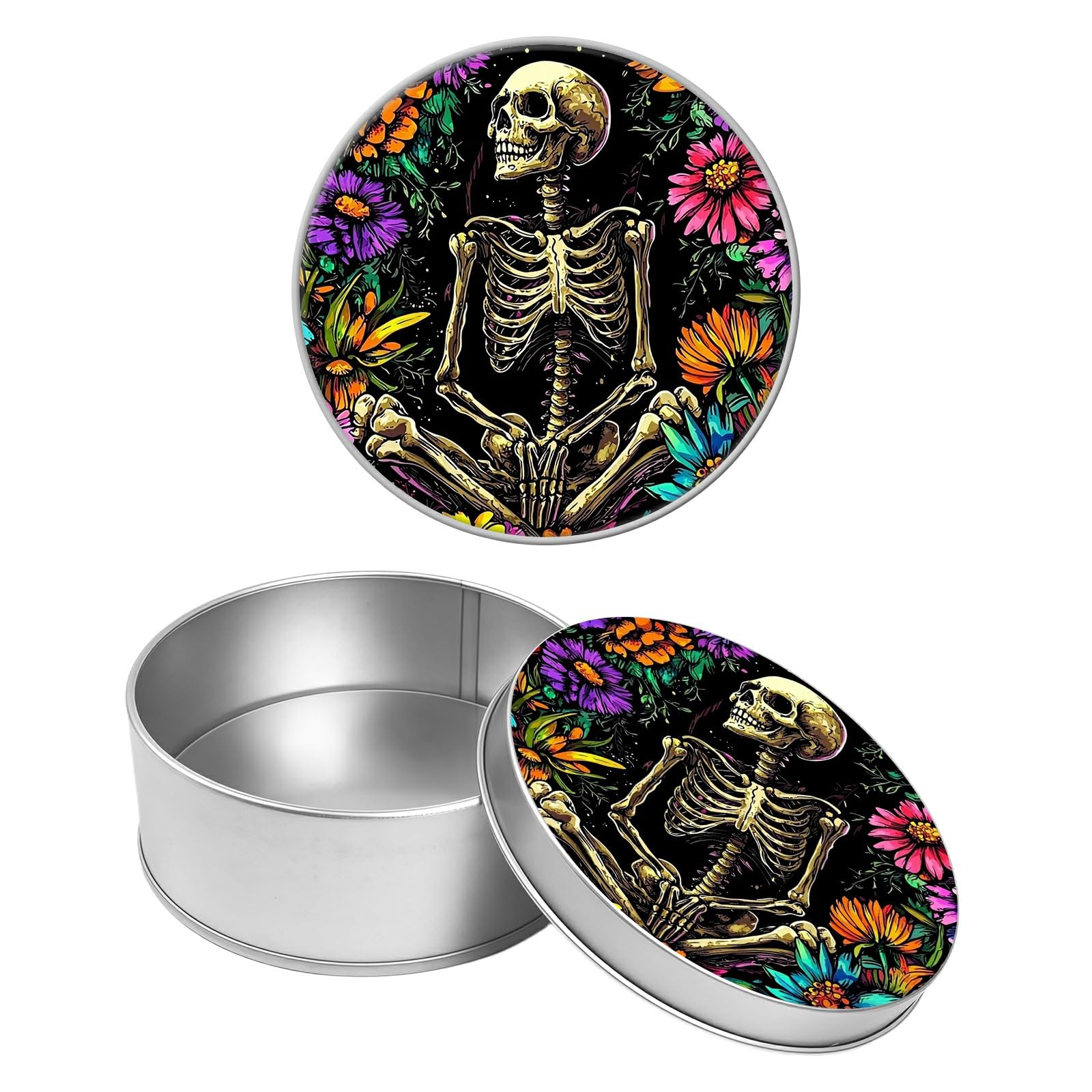 Round Metal Tin Container with Removable Lid, Sugar Skull Flowers Durable Metal Storage Box for Crafts Snacks Candies Office Supplies Small Items 3.54 x 1.38 inch– Single Pack