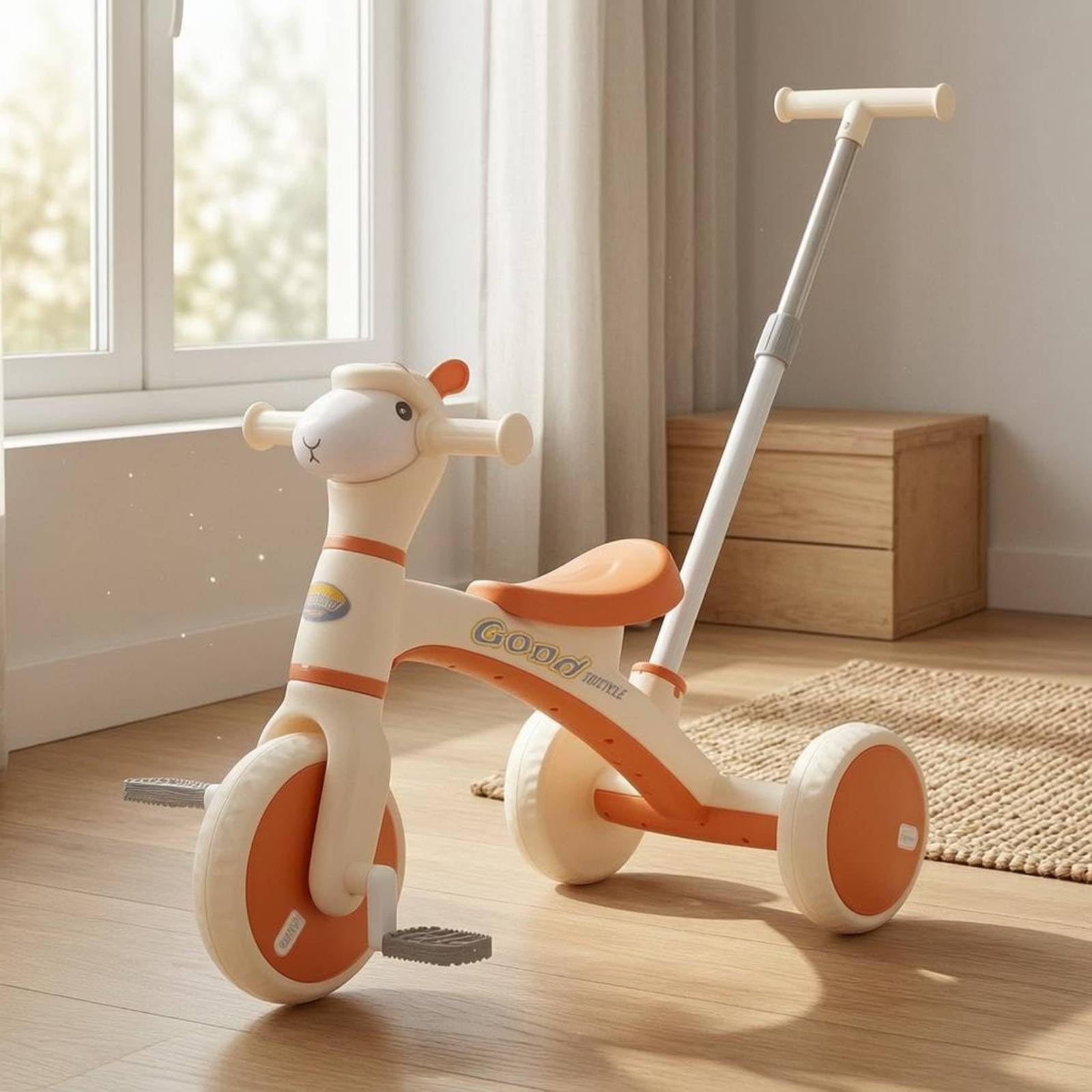 Veicolo a Tre Ruote Alpaca Musica e Luci Veicolo a Tre Ruote a Spinta Leggero per Bambini Piccoli, Arancione
