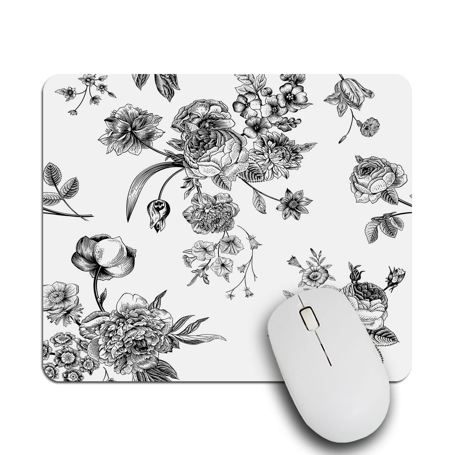 Photo 1 of IBILIU Mouse Pad Black Flowers,Garden Roses Tulips Delphinium Petunia White and Black Rectangle Mousepad Non-Slip Rubber Base Computer Mouse Pad for Laptop, Office, Home - 9.5 X 7.9 Inch SBD-001 9.5 X 7.9 Inch