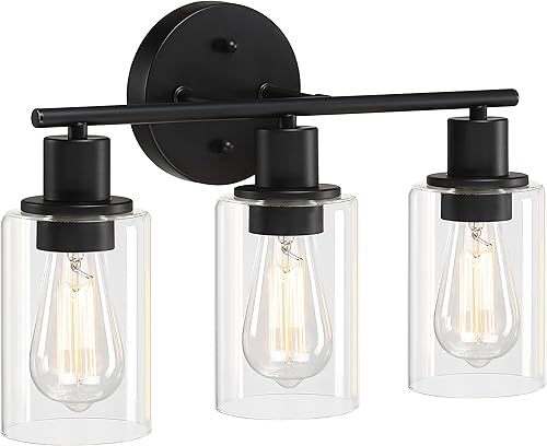 Pia Ricco Lámparas de tocador de baño, 3 luces negras con pantallas de vidrio transparente, moderna lámpara de pared sobre espejo, apliques de pared