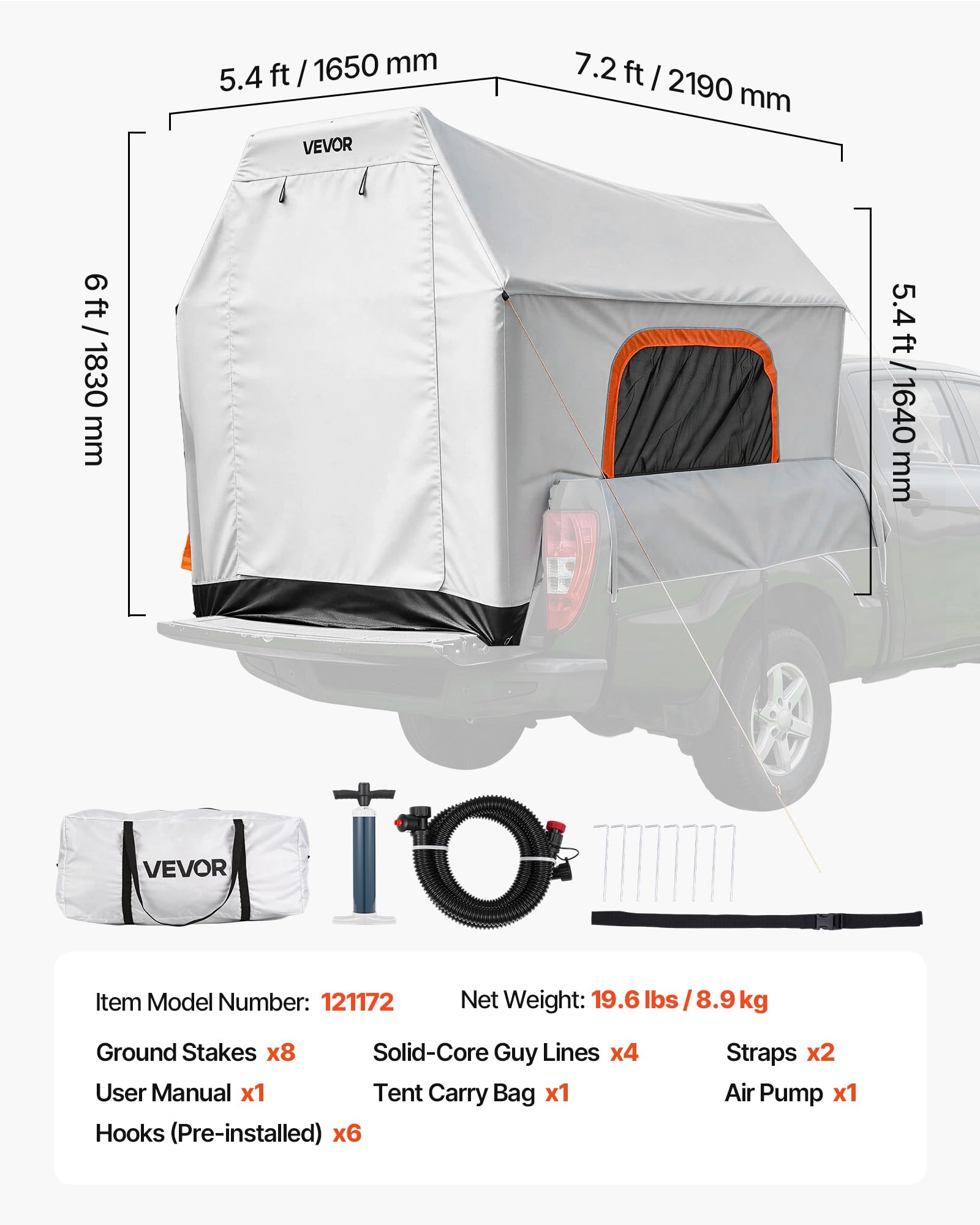VEVOR Aufblasbares Campingzelt für Ladefläche 219 x 165 x 183 cm, Pickup Zelt Wasserdicht (PU2000 mm) mit Belüfteten Netzfenstern, ideal für Camping Wandern Outdoor-Aktivitäten inklusive Luftpumpe