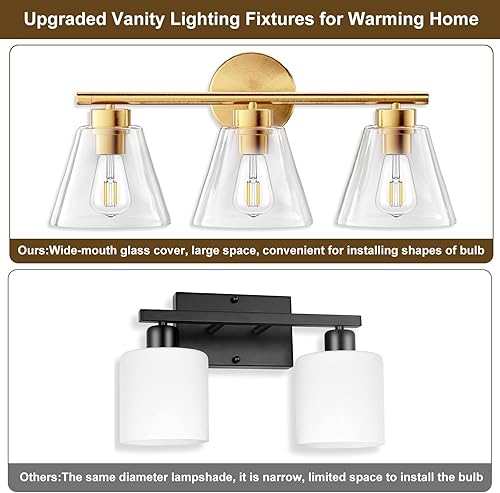 Miniatura 7 de Lámpara de tocador de oro cepillado, 3 luces de baño sobre el espejo, luces de tocador modernas, lámpara de pared para sala de estar, dormitorio,