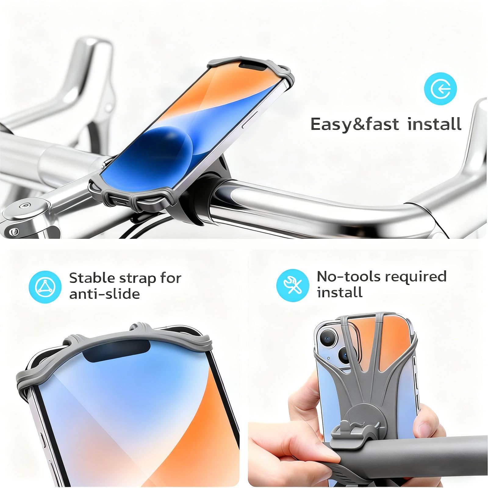 Uniwersalny uchwyt na telefon motocyklowy, rowerowy uchwyt na telefon, obracany o 360°, kompatybilny z iPhone 16/15/14/13, Samsung, na kierownicę rowerową, rower górski, bieżnia, szary