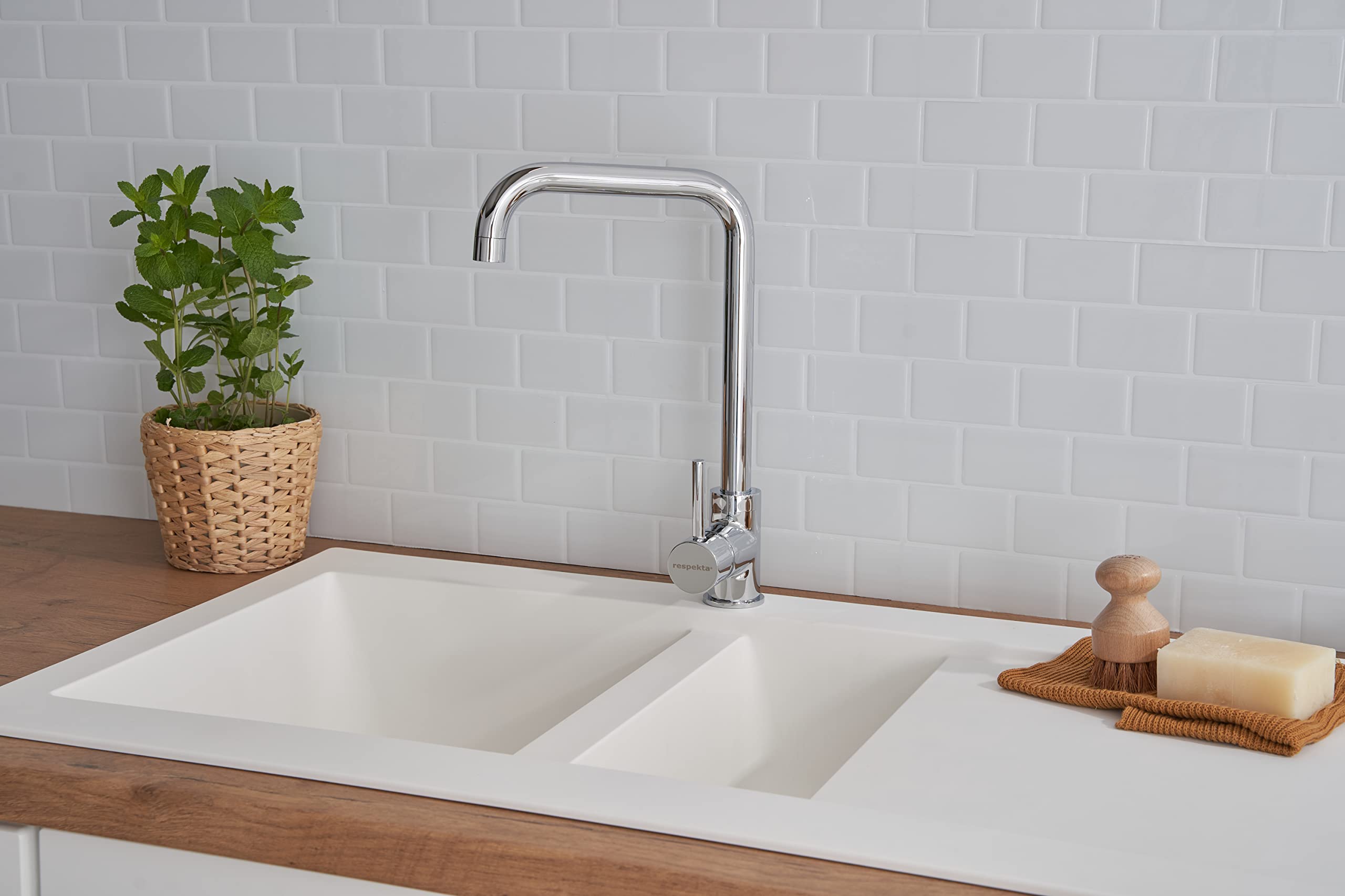 Respekta Lavello da Cucina Denver in Mineralite Color Bianco, Lavello da Incasso con 1 vasca, dimensioni 100 x 50 cm, Lavello Adatto per Mobili Sottolavello da 60 cm di Larghezza