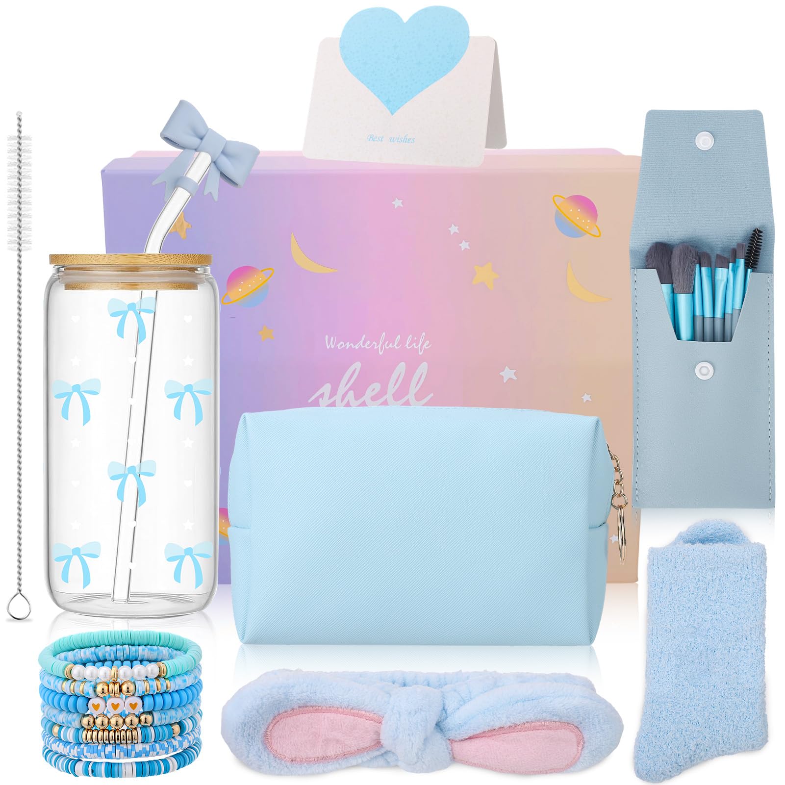 Gifts for Girls Teenage 9 10 11 12 13 14 Year Old,Birthday Gifts for Girls Age 8-15,Glass Cup with Lid and Straw,Makeup Brushes Cosmetic Bag Bracelets Socks Headband,Bow Coffee Cup Presents,Blue