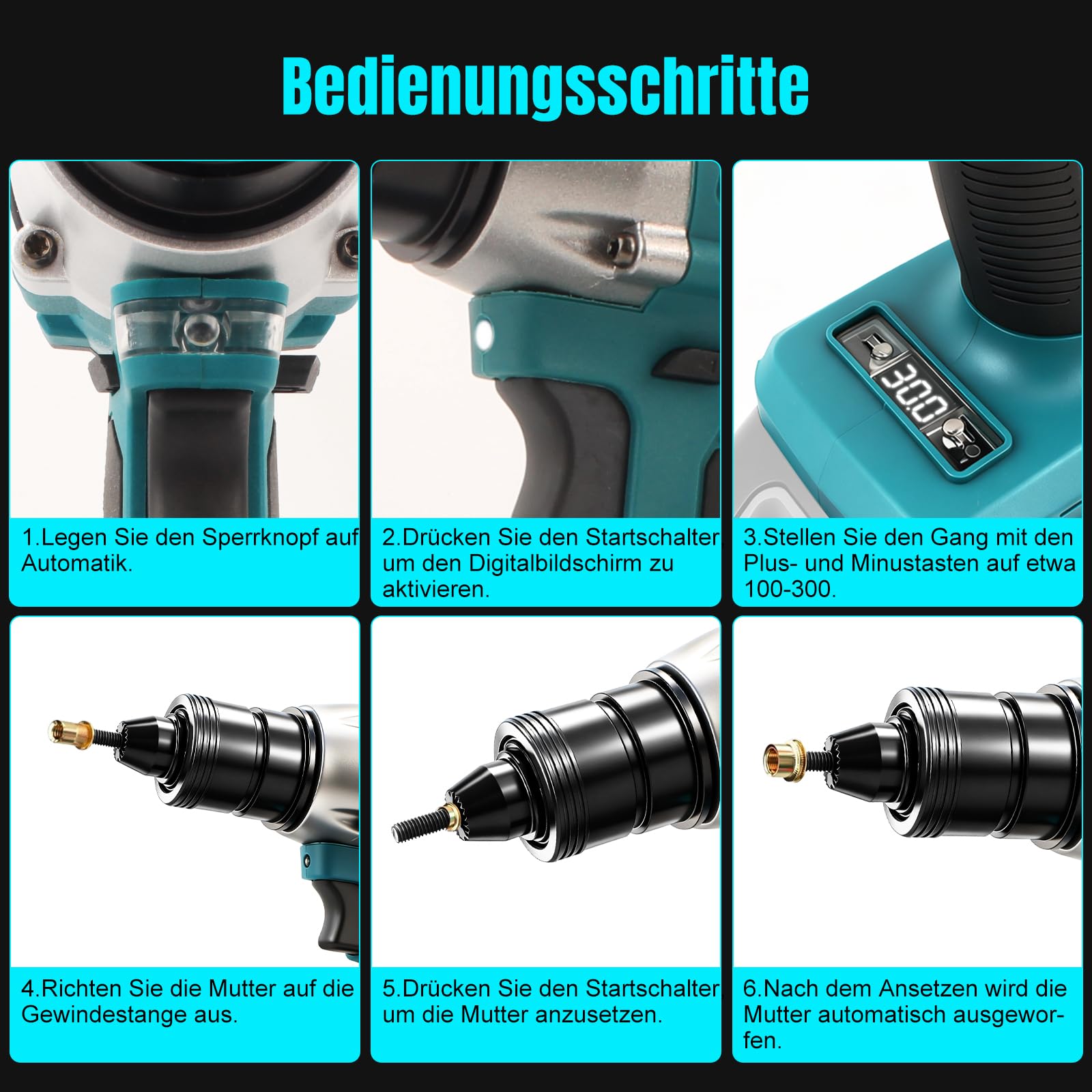 Rivettatrice a batteria compatibile con Makita 18 V, rivettatrice elettrica senza spazzole con tre modalità, per rivetti M4/5/6, cantieri, riparazioni auto e fai da te (senza batteria)