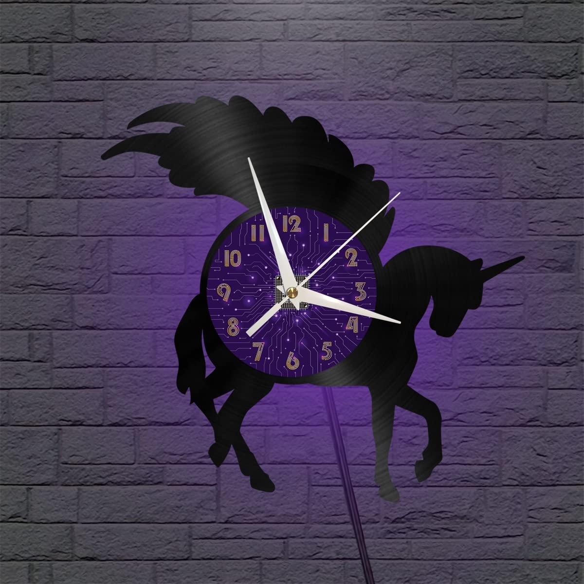 Horloge murale en vinyle licorne lumineuse et silencieuse pour chambre