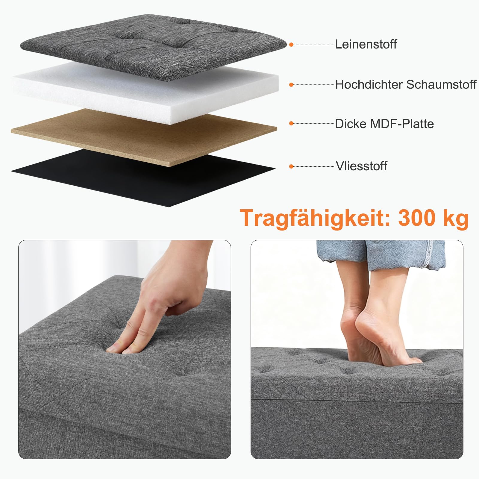 Sweetcrispy Sitzbank mit Stauraum, Klappbare Sitztruhe, Sitzhocker, 110 x 38 x 38 cm, Aufbewahrungsbox mit Deckel als Hocker & Fußbank, bis 300 kg belastbar, für Wohnzimmer Schlafzimmer Flur, Grau