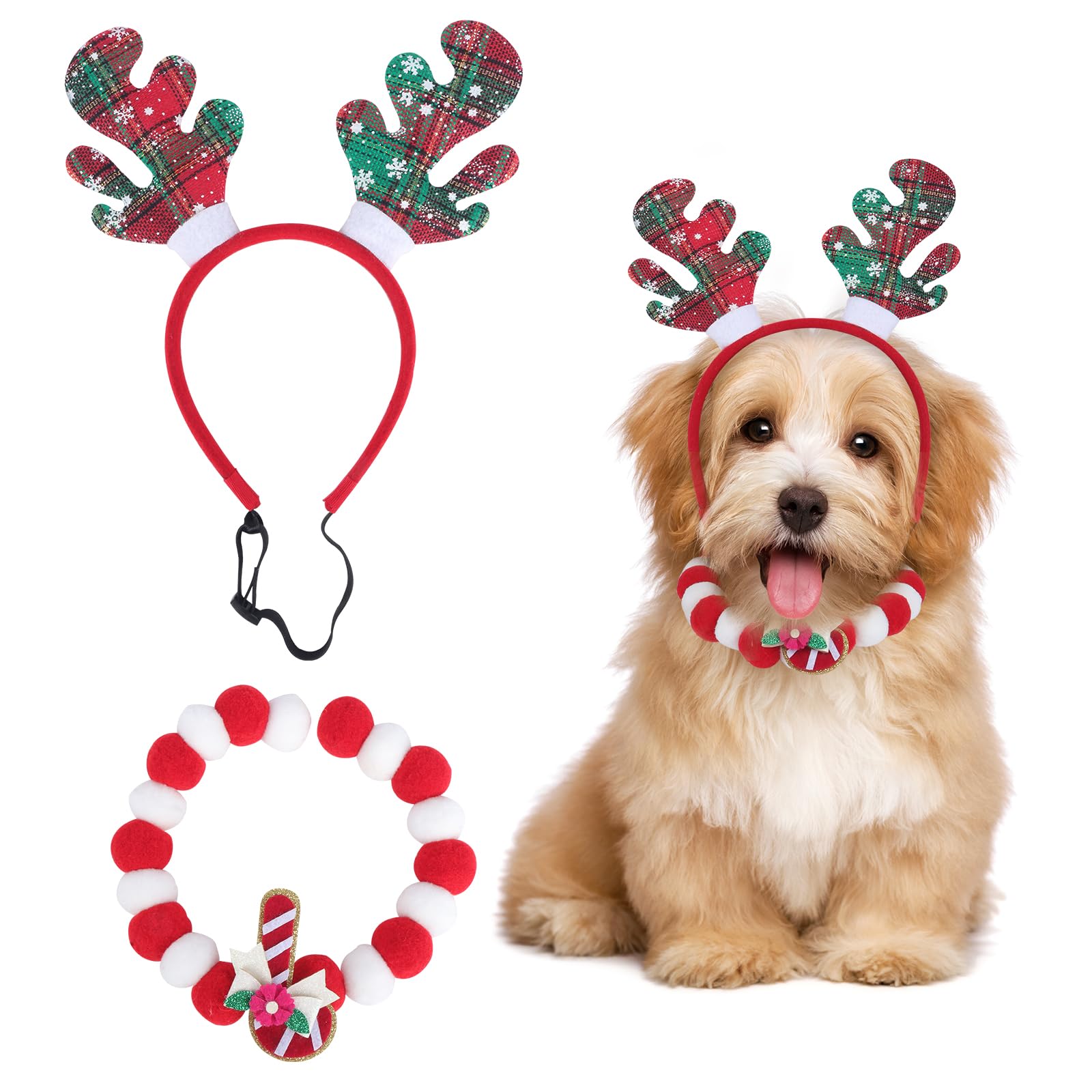 Cat Dog Christmas Outfit, Pet Christmas Costume, Christmas Pet Headwear, Xmas Small Dog Dress up, Christmas Reindeer Antlers Hat, Christmas Pom Pom Collar for Puppy Dog Cat
