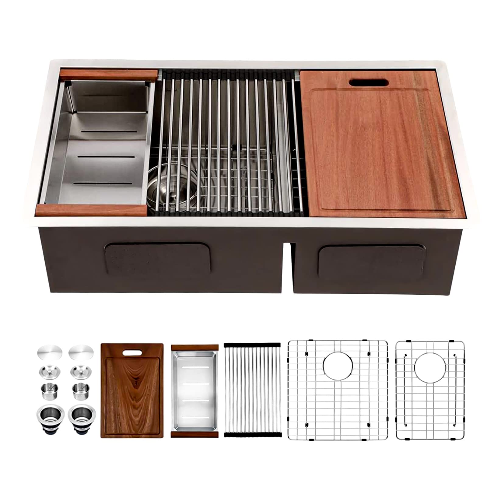 Sarlai 33 Kitchen Sink Double Bowl - 33x19 Inch Undermount Sink16 Gauge Stainless Steel Ledge Workstation Low Divide Double Bowl 60/40 Under Counter Kitchen SinK Basin