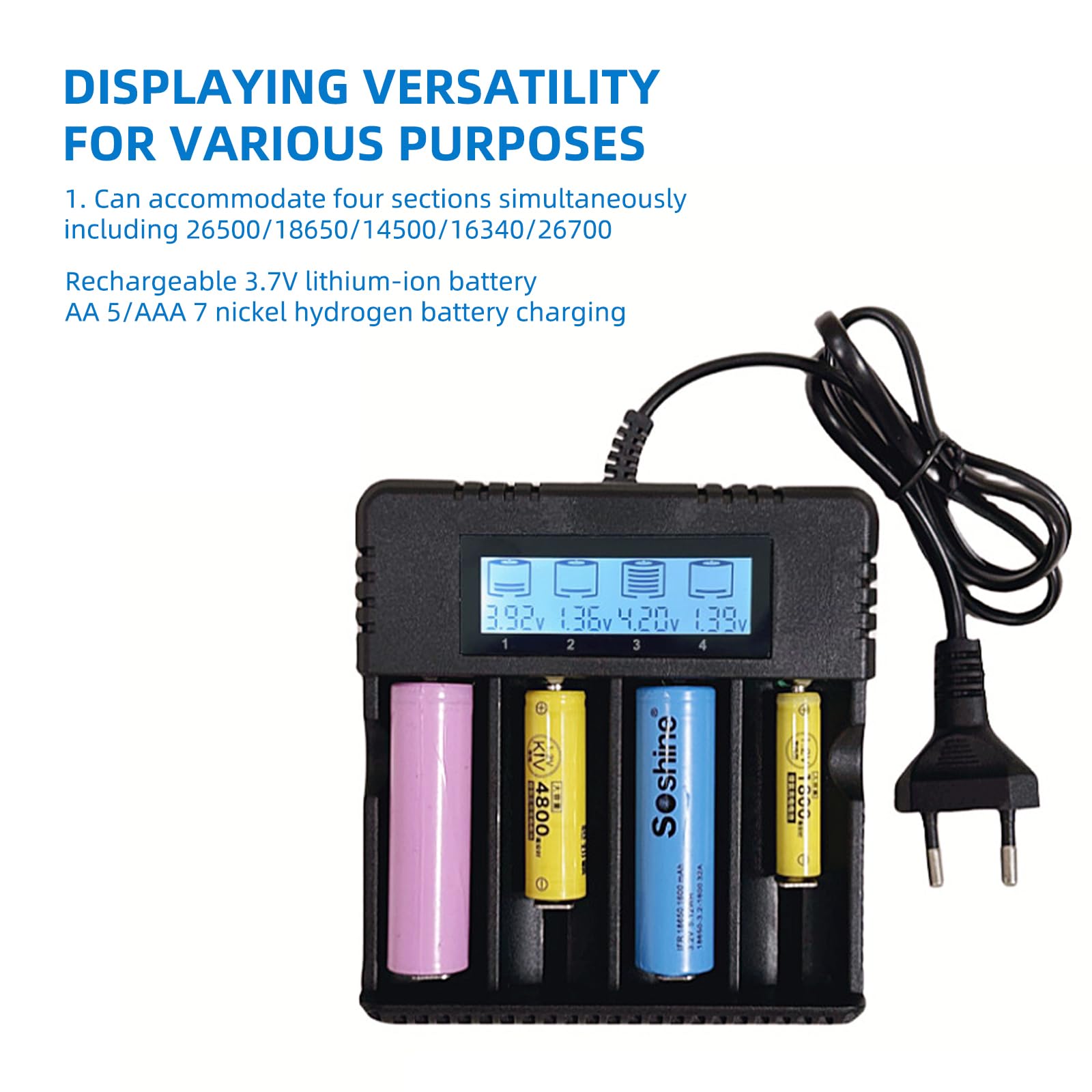 Lhdfyqt Oplader Accu 18650, Lcd-batterijlader, oplaadbare batterijlader, 18650, batterijlader 18650, voor 3,7 V, 26500/14500/16340/26700 lithium
